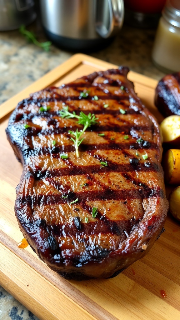 Juicy New York strip steak garnished with herbs on a wooden board, served with roasted vegetables.